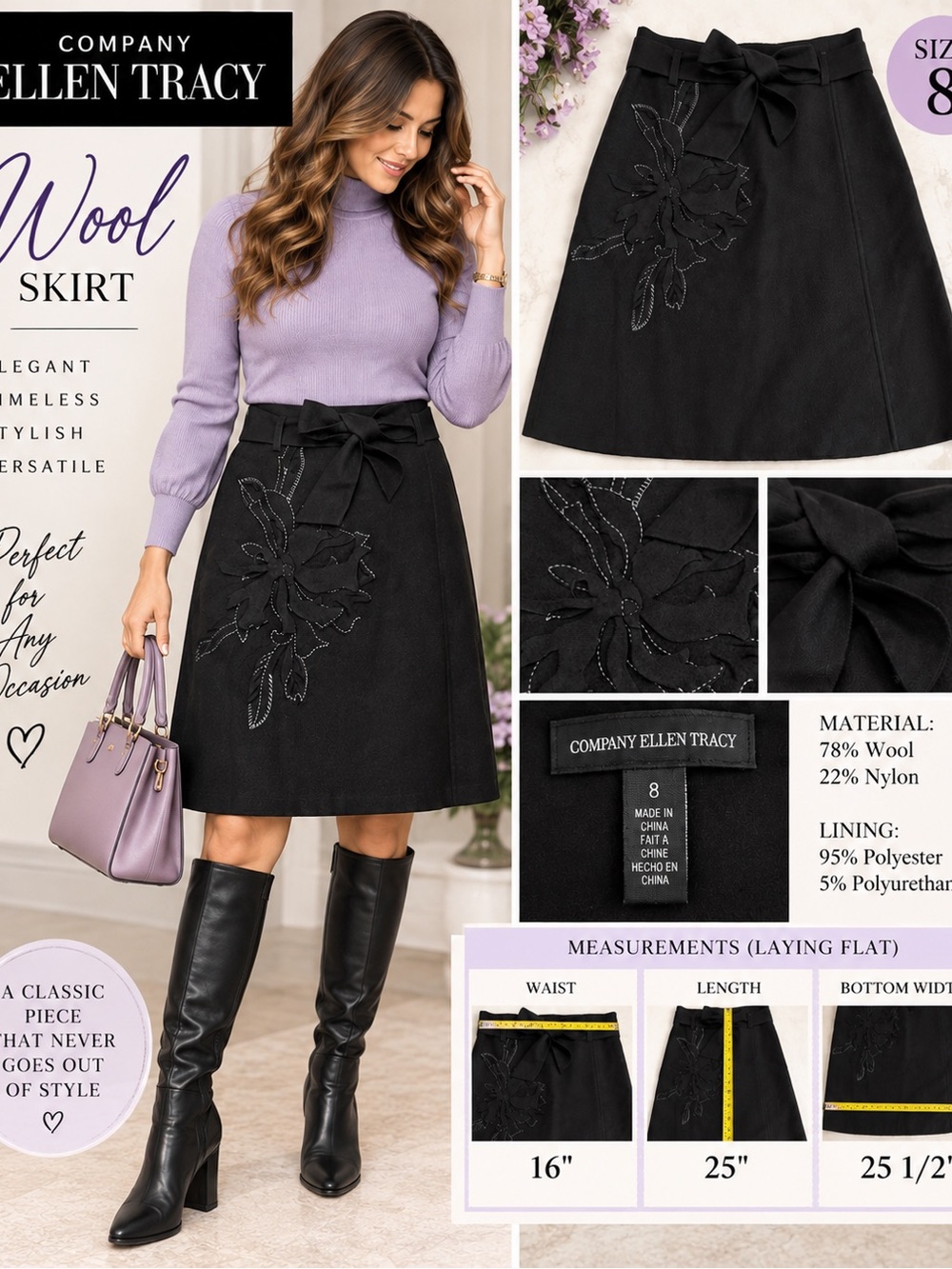 Company Ellen Tracy Black Wool Blend Floral Embroidered Bow A-Line Skirt 8